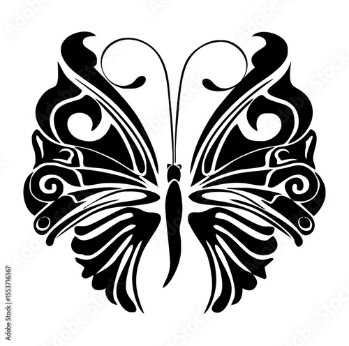Intricate Butterfly: An elaborate black and white drawing of a butterfly with stylized wings, embodying transformation.