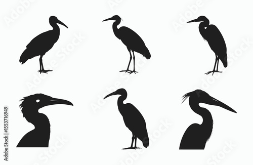 egret bird silhouette, marshland wildlife vector, elegant standing egret, wading bird icon, black and white illustration





