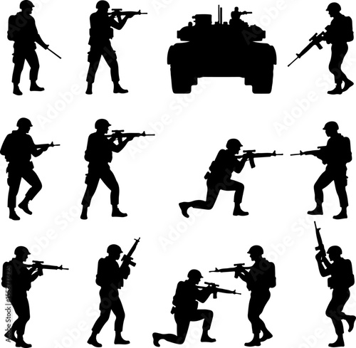 American Military  Army Soldiers and Tank Silhouettes