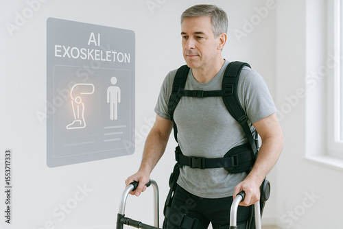 Man using AI exoskeleton suit for rehabilitation and mobility support
