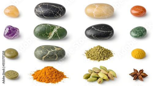Celestial Stones and Earthy Treasures: A curated collection of naturally formed stones and vibrant spices. Embodying a sense of tranquility and rustic charm.