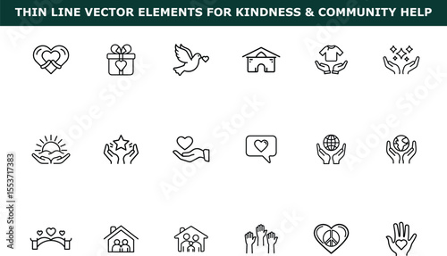 Outline vector icons of hearts gifts dove houses hands star globe peace signs community help