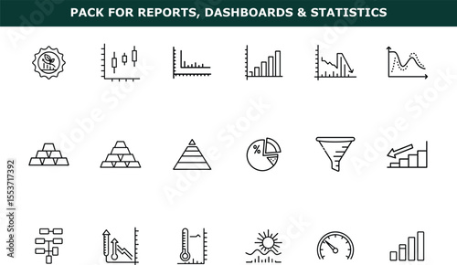 Line icons of charts graphs diagrams and financial data elements for business reports and dashboards