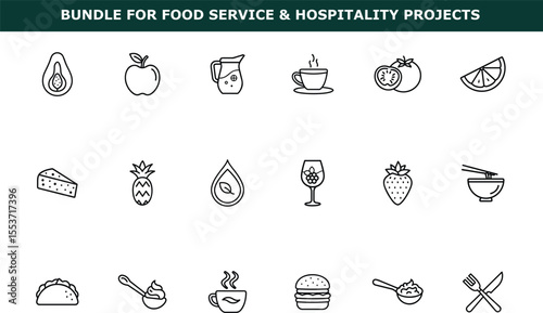 Line art food icons including avocado apple coffee tomato orange slice pineapple cheese wine glass