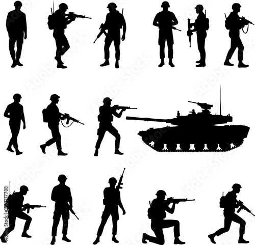 American Military  Army Soldiers and Tank Silhouettes