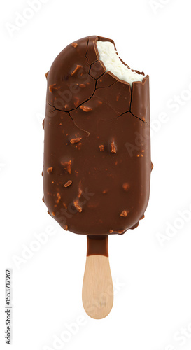Delicious chocolate covered ice cream bar on a wooden stick featuring bite marks and cracks for tempting treats isolated on white or transparent background. PNG