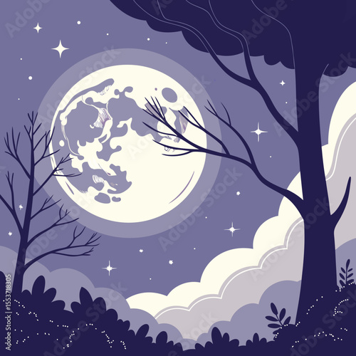 night sky with moon vector,  stunning vector illustration of a glowing full moon 