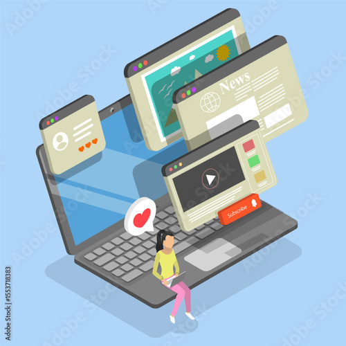3D Isometric Flat Vector Illustration of Content Management, Social Media Poster, Blog Articles