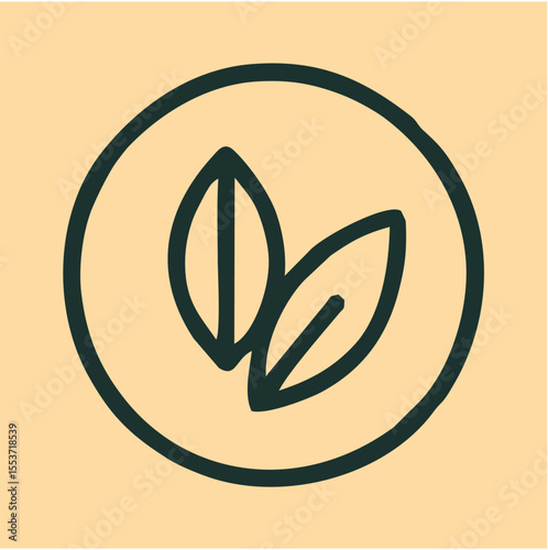 Twin Leaf Emblem in Circle – Minimal Nature-Inspired Vector Logo, Stylized twin leaves enclosed in a clean circular badge, ideal for eco branding, botanical identity, and organic product packaging.