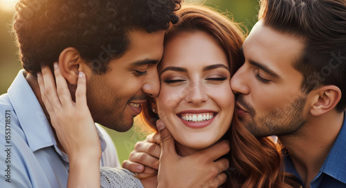 Swinger threesome love concept. One charming woman and two men in love kiss and caress the woman. Polygamy or bigamy. Swingers, bisexuality