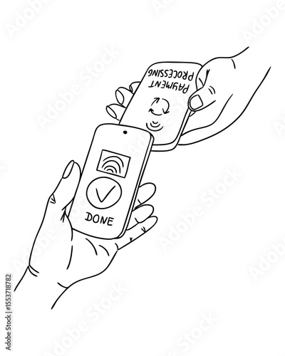 Two hands holding smartphones during wireless payment. Concept of contactless transaction, mobile payment, and modern financial technology