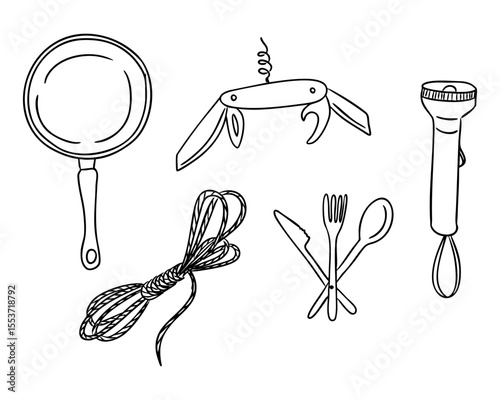 Set of hand drawn camping essentials including frying pan, rope, flashlight, cutlery, and multi-tool. Concept of outdoor adventure, travel gear, and survival preparation