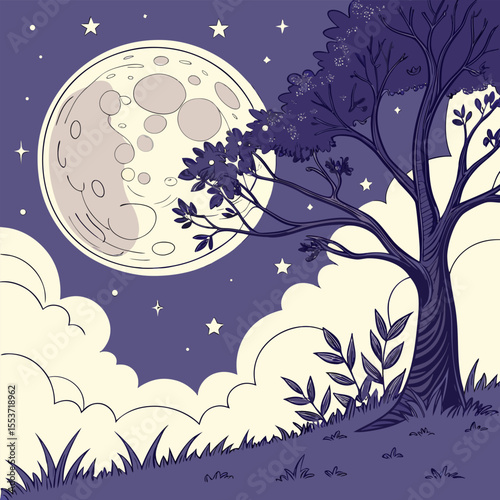 night sky with moon vector,  stunning vector illustration of a glowing full moon 