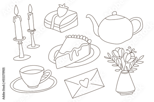 Hand drawn outline illustration of a romantic tea time setting with cake and flowers