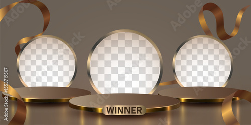 Abstract scene background. Cylinder podium background with ribbons. Winner announcement. Vector illustration