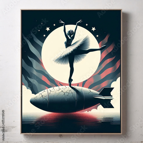 Graceful Ballerina Standing on Cracked Bomb with Moonlit American Flag Background