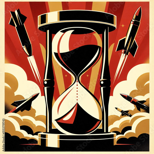 Propaganda-Style Hourglass with Ascending Missiles Symbolizing Nuclear Tension