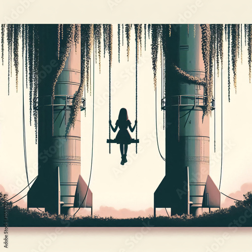 Young Girl Swinging Between Overgrown Post-Apocalyptic Missiles with Hopeful Serenity