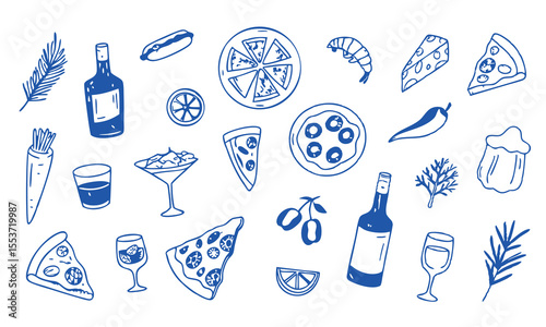 Collection of hand drawn italian food and drink icons in blue ink on white background