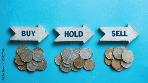 Flat Lay Display of Financial Choices with Buy Hold Sell Arrow Signs and Coins