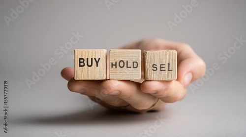 Strategic Investment Choices Represented by Hand Holding Buy Hold Sell Blocks