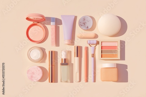 Top Down View of Organized Beauty Products for Modern Skincare Presentations