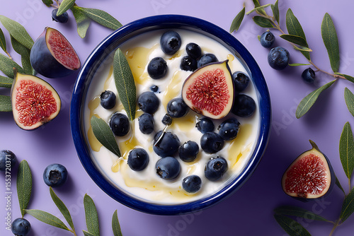 top view of a bowl of yogurt with blueberries figs honey and green leaves on a purple background fresh healthy breakfast with colorful ingredients and natural organic textures