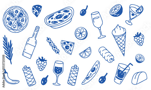Collection of hand drawn food and drink icons in blue outline on white background