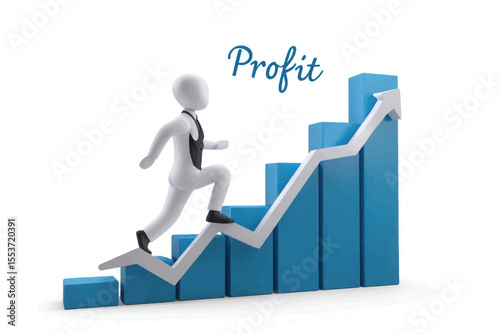 Character climbs increasing blue bar graph toward Profit with an arrow
