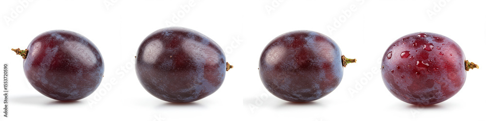 Fresh Ripe Plums Isolated on White - Four juicy plums, glistening and ripe, are perfectly isolated against a bright white background. Ideal for food, health, and lifestyle content Fresh Ripe Plums Isolated on White - Four juicy plums, glistening and ripe, are perfectly isolated against a bright white background. Ideal for food, health, and lifestyle content