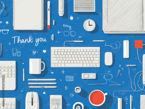 Flat lay of office supplies and Thank You message on a blue background