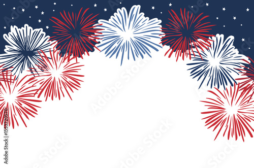 Hand drawn 4th of July greeting card, invitation. Doodle fireworks, stars sketch isolated, white, blue background. U.S. Independence Day posters, banners, social media. USA flag colors. Happy memorial