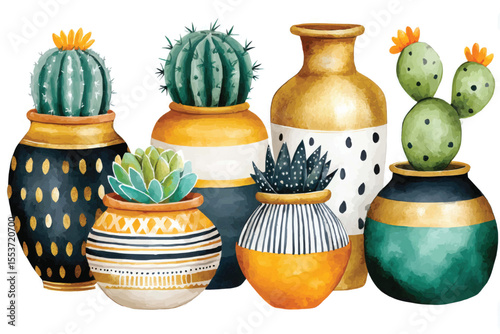 Assorted cactus and succulent plants in colorful decorative pots stand together