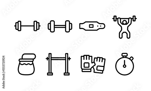 Fitness icons: dumbbells, smartwatch, weightlifter, protein shaker, parallel bars, gloves, timer