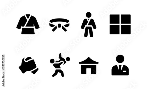 Martial arts icons: karate gear, belt, grappling techniques, and dojo symbols