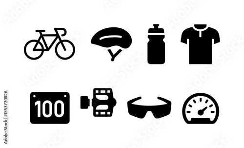 Essential cycling gear icons: helmet, jersey, sunglasses, water bottle, pedals, speedometer