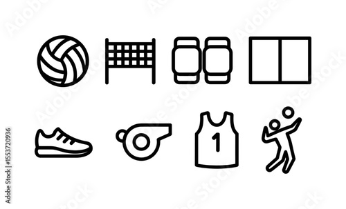 Volleyball icon set: ball, net, court, whistle, jersey, player symbols in minimalist style