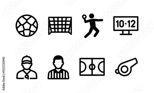 Handball game icons: ball, court, scoreboard, and equipment symbols for sports design
