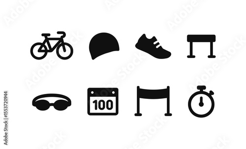 Icon set: bicycle, helmet, shoe, hurdle, goggles, race number, barrier, stopwatch