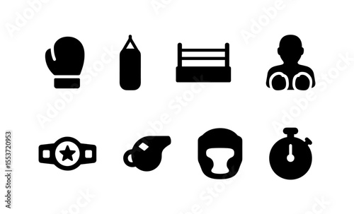 Boxing icons: glove, bag, ring, athlete, championship, whistle, headgear, timer