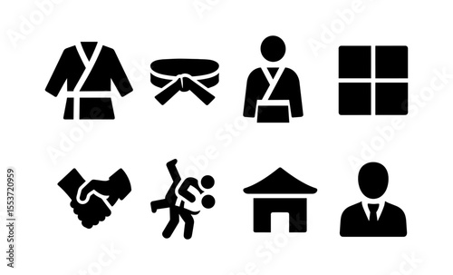 Martial arts icons: gi, belt, judoka, tatami, and more