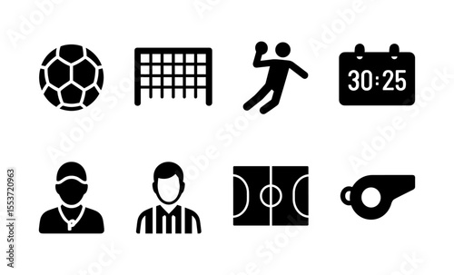 Handball icons set featuring equipment, player, scoreboard, court, and referee symbols