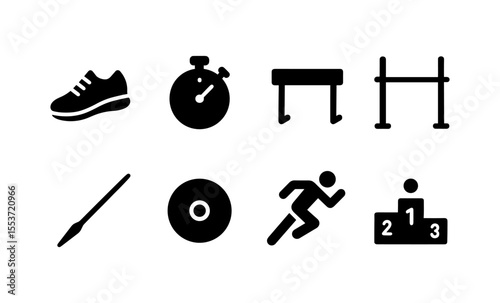 Athletic icons: running, stopwatch, podium, hurdles, javelin, and discus