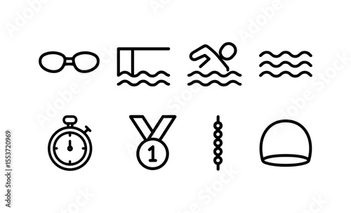 Swimming symbols: goggles, pool edge, stroke, waves, stopwatch, medal, lane, swim cap icons