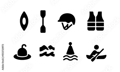 Black canoeing icons set including kayak and helmet for outdoor adventure and safety gear