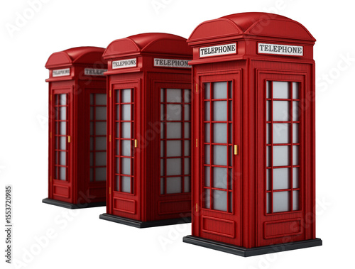 Red British phone booths on transparent background.  3D illustration