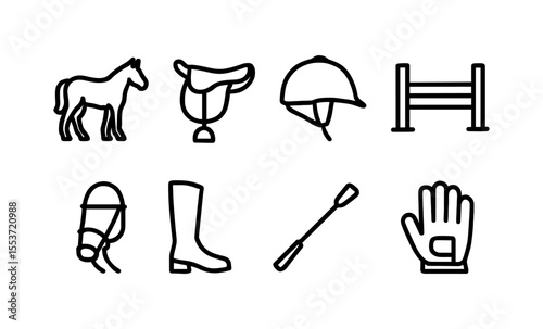 Equestrian equipment icons: horse, saddle, helmet, jump, bridle, boots, crop, glove