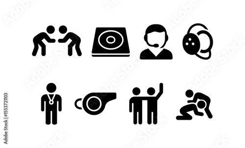 Wrestling icons: athletes, coach with headset, whistle, and medal in black and white set