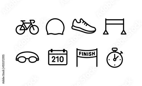 Line icons of cycling, swimming, and running gear for triathlon events