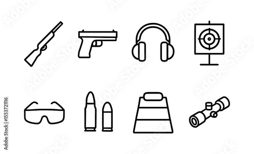 Shooting range icons: weapons, safety gear, and accessories
